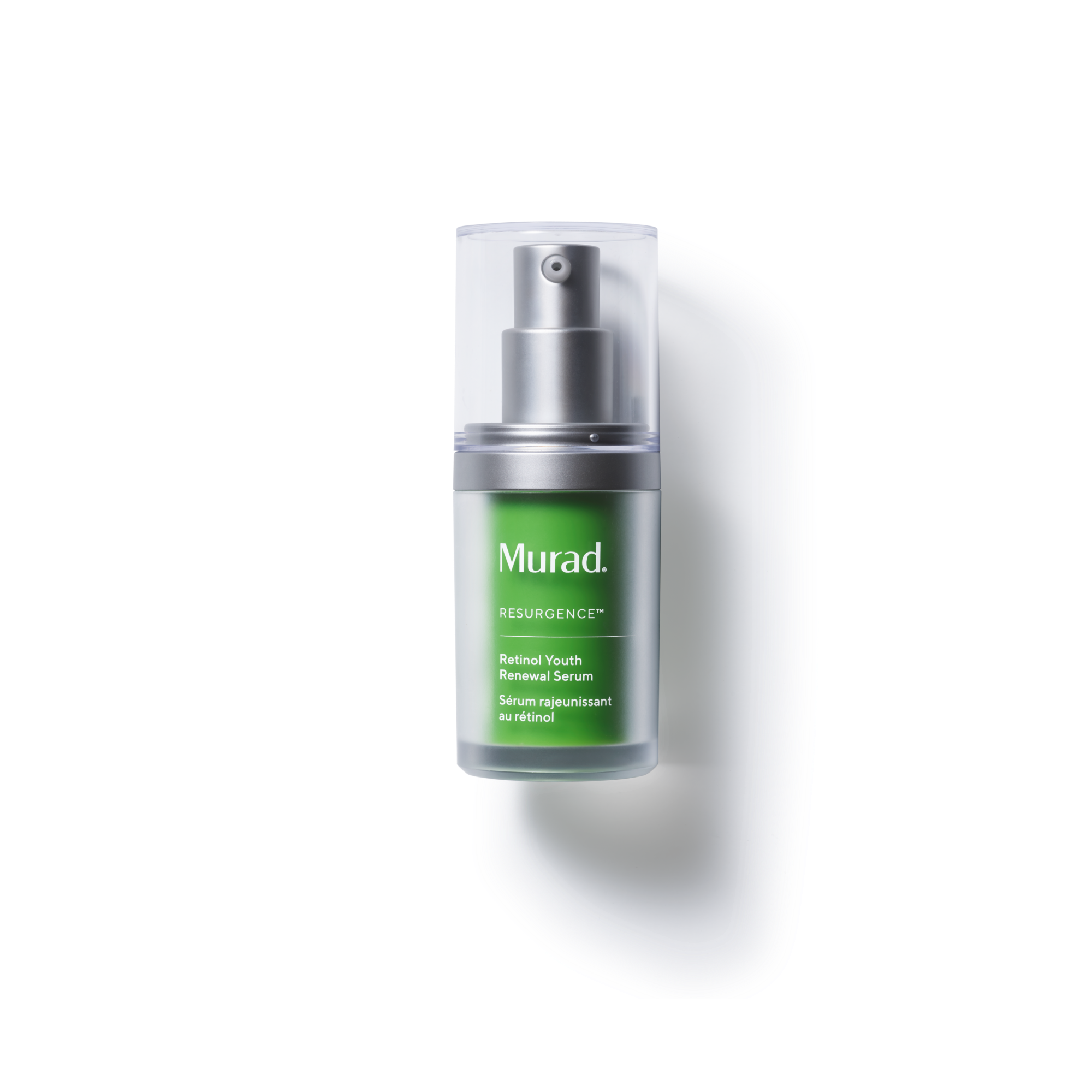 Murad Resurgence Retinol Youth Reverse Serum in a clear bottle with a green label and silver pump, shown on a white background with a soft shadow.
